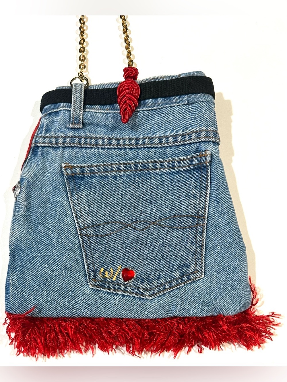 Jeans Denim Crossbody Bag with Embroidered Pocket Gold Chain - Custom Made Y2K - Picture 4 of 15